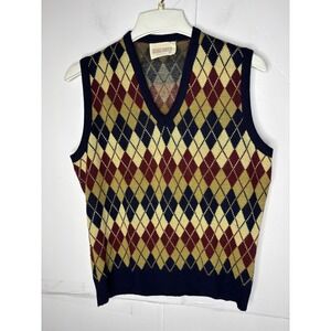 Lord Jeff Vintage Argyle Sweater Vest Mens Medium Navy Blue Burgundy Orlon USA